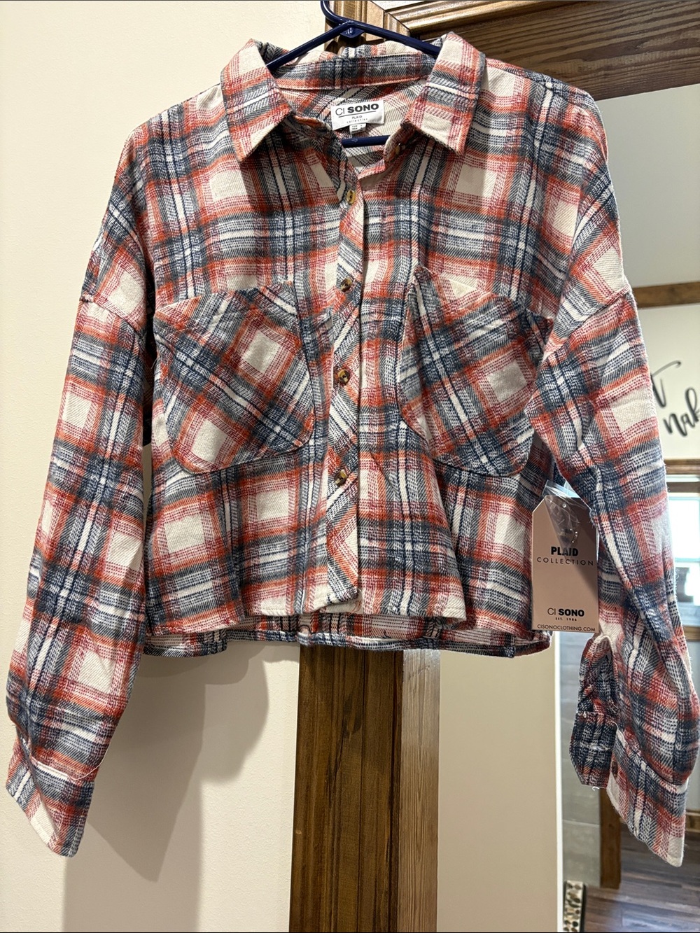 Ci Sono Red, Blue & Cream Plaid Cropped Button-Up Jacket